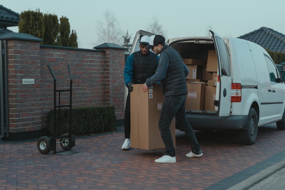 Two men are engaged in a home relocation task outside a residential property, preparing to load cardboard boxes into the back of a white van equipped for furniture transport. The man on the left, wearing a black vest over a blue long sleeve shirt, black gloves, and white sneakers, is holding a large cardboard box. The man on the right, dressed in a navy jacket, dark jeans, and white sneakers, is assisting with guiding the box onto the van's open rear. Nearby, there is a black hand truck with two wheels standing on a brick-paved driveway, ready to support the movement of multiple boxes. The open van interior is partially visible, showing numerous packed cardboard boxes of various sizes, some sealed with packing tape. The setting appears to be a cloudy day, with a brick wall, hedge, and residential rooftops in the background, illustrating a typical house move process that Man with Van Ealing may facilitate for typical home relocations involving narrow streets and terrace properties.